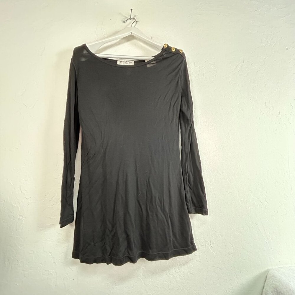 Sonia Rykiel Women Black Long Sleeve Tunic Top Bloat Neck Button-Shoulder Casual